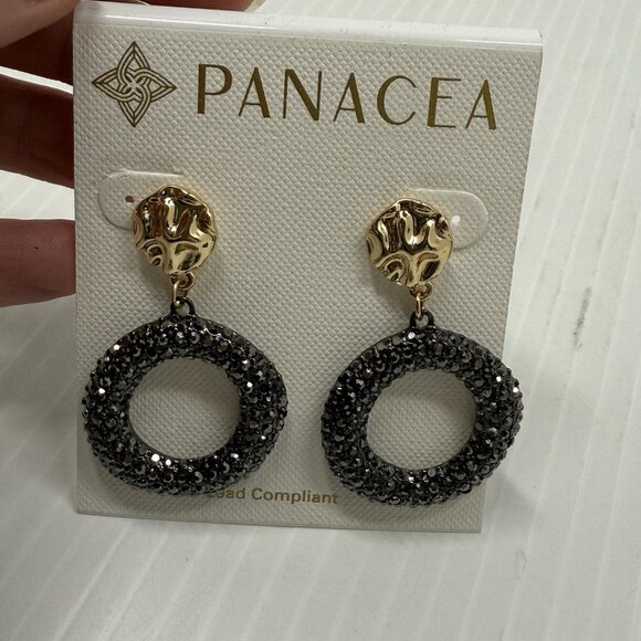 PANACEA Luxe Post Hoop Earrings Gold Tone Black Crystal Circle Statement Jewelry - Picture 4 of 5